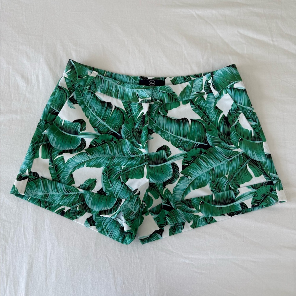 Green and White Satin Tropical Print Shorts